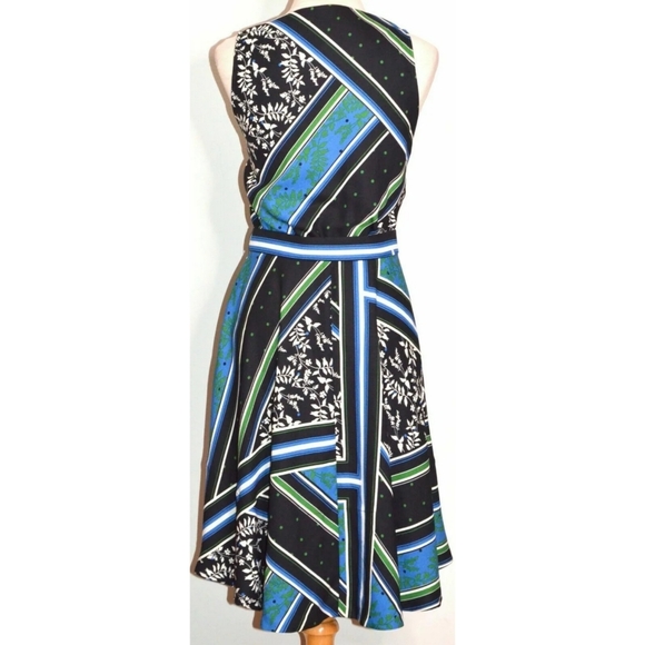 CUE ITALIAN SCARF PRINT BLACK & BLUE FRILL SLEEVELESS BELTED WRAP LOOK DRESS 14 - Picture 3 of 4